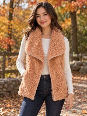 MOD Peach Sherpa Faux Fur Open Front Vest Size S Cozy Boho